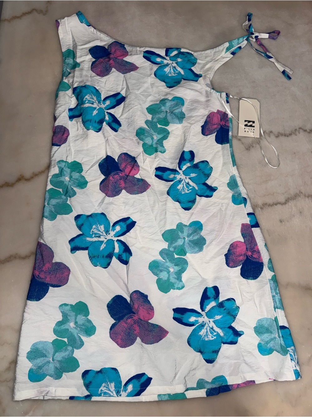 Billabong White One-Shoulder Floral Dress with Teal & Purple Accents